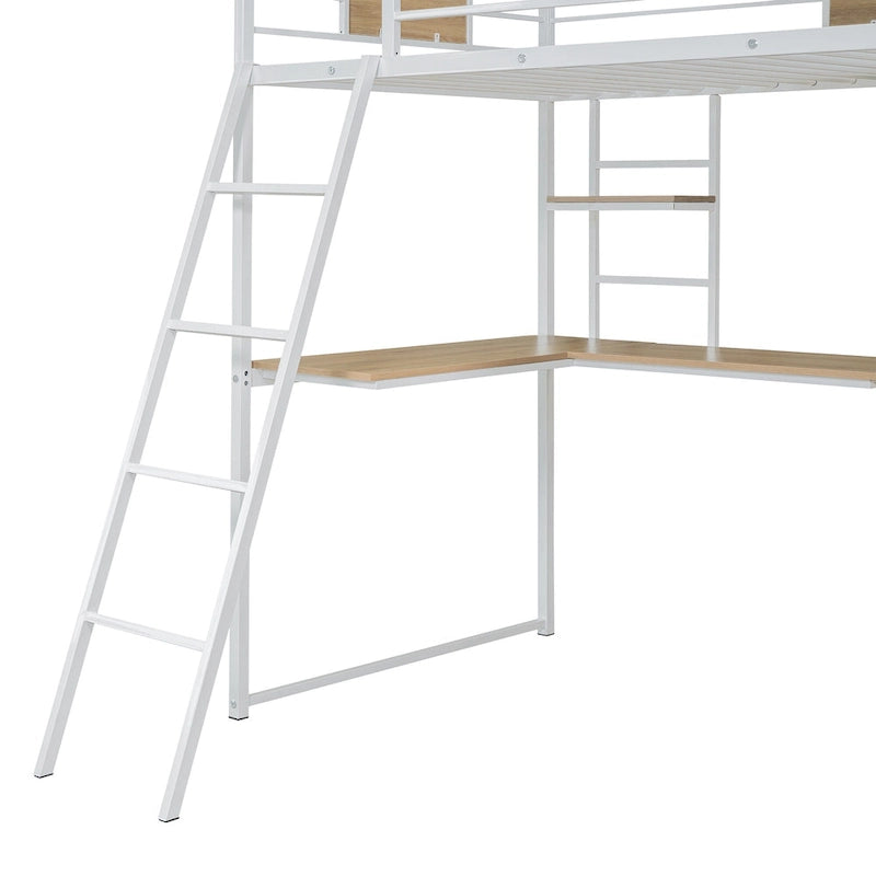 White Oak Metal Wood Loft Bed with L-Shaped Desk Wardrobe Shelves Ladder