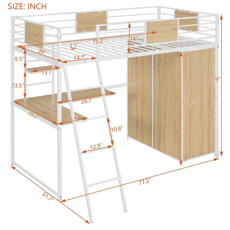 White Oak Metal Wood Loft Bed with L-Shaped Desk Wardrobe Shelves Ladder