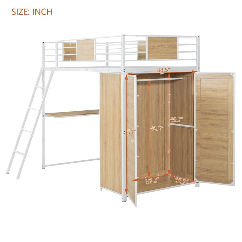 White Oak Metal Wood Loft Bed with L-Shaped Desk Wardrobe Shelves Ladder