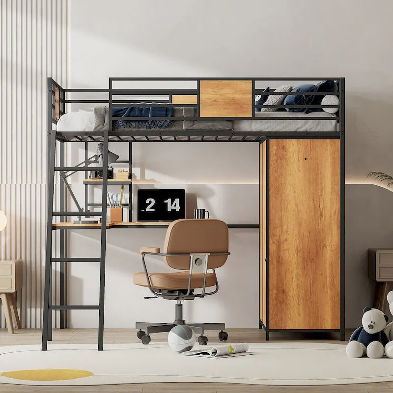 White Oak Metal Wood Loft Bed with L-Shaped Desk Wardrobe Shelves Ladder