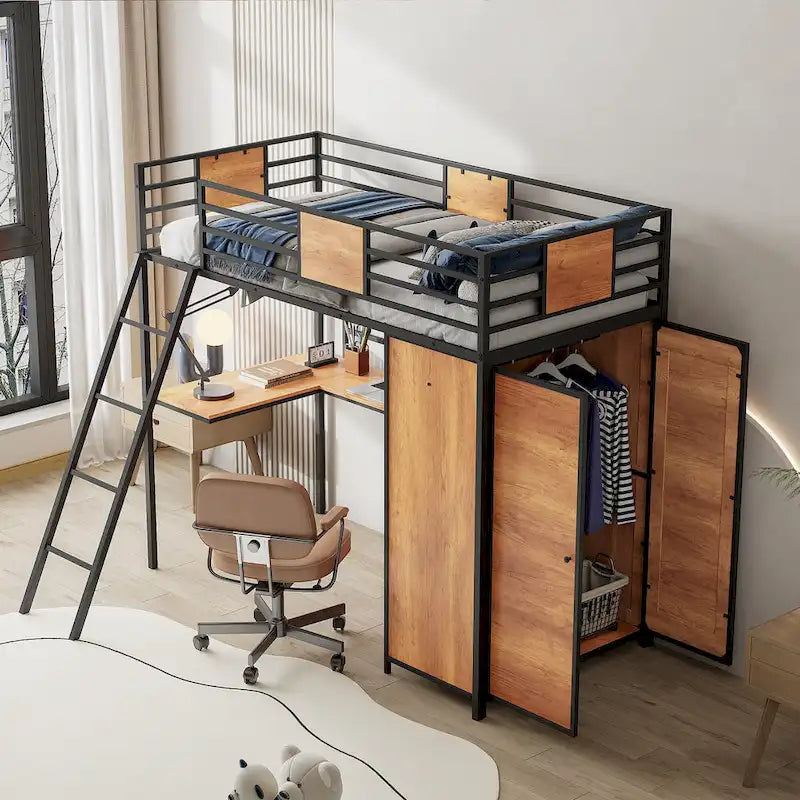 White Oak Metal Wood Loft Bed with L-Shaped Desk Wardrobe Shelves Ladder
