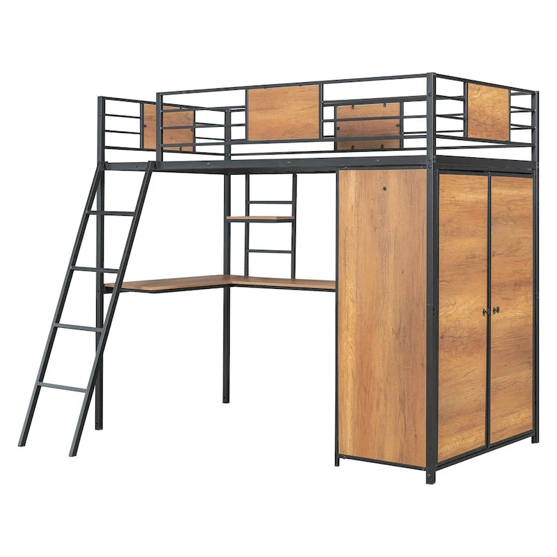 White Oak Metal Wood Loft Bed with L-Shaped Desk Wardrobe Shelves Ladder
