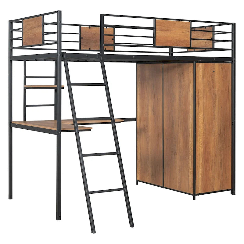 White Oak Metal Wood Loft Bed with L-Shaped Desk Wardrobe Shelves Ladder