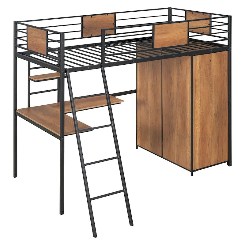 White Oak Metal Wood Loft Bed with L-Shaped Desk Wardrobe Shelves Ladder