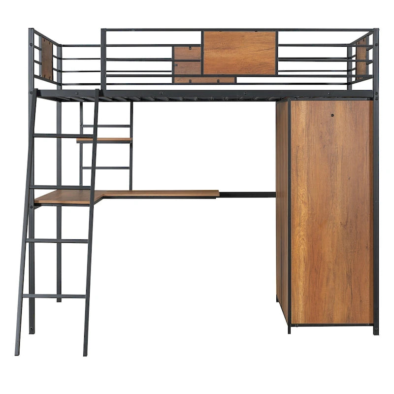 White Oak Metal Wood Loft Bed with L-Shaped Desk Wardrobe Shelves Ladder