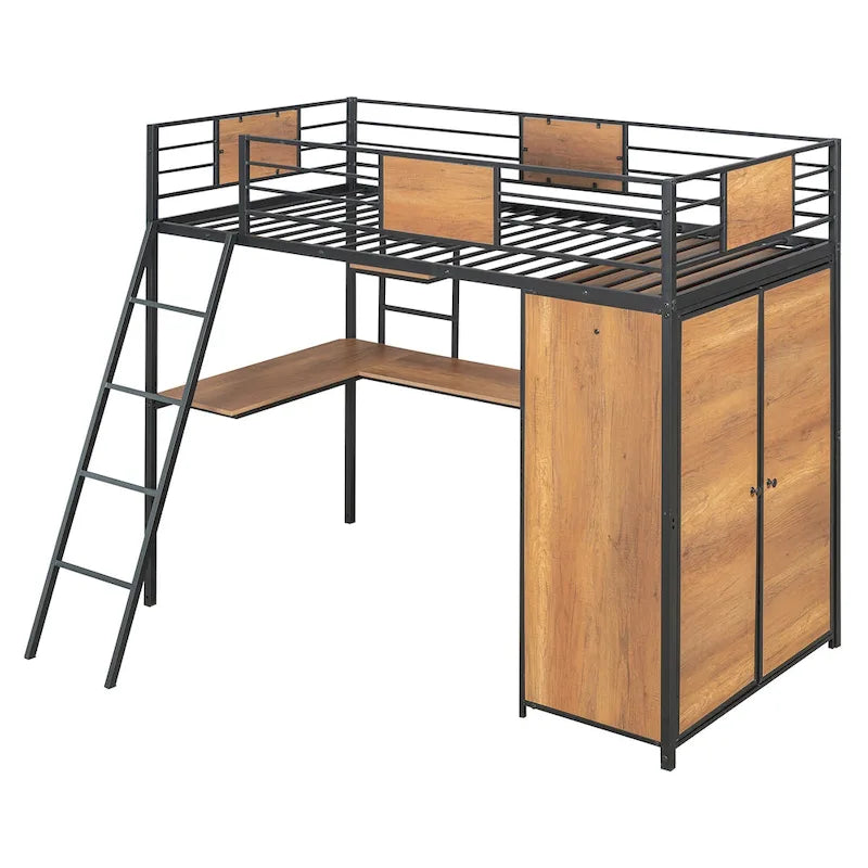 White Oak Metal Wood Loft Bed with L-Shaped Desk Wardrobe Shelves Ladder