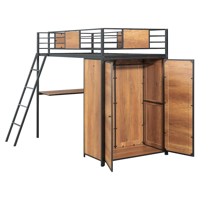White Oak Metal Wood Loft Bed with L-Shaped Desk Wardrobe Shelves Ladder