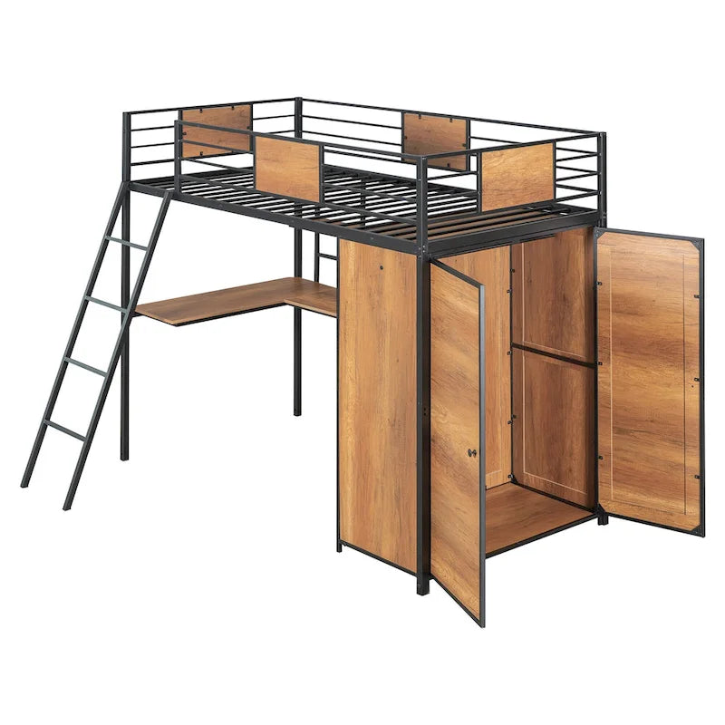 White Oak Metal Wood Loft Bed with L-Shaped Desk Wardrobe Shelves Ladder