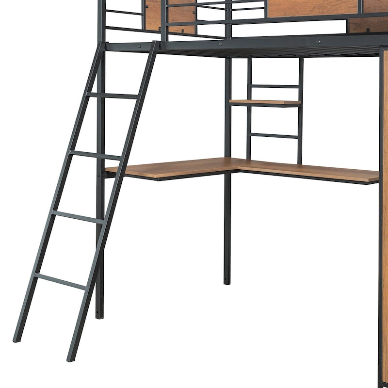 White Oak Metal Wood Loft Bed with L-Shaped Desk Wardrobe Shelves Ladder