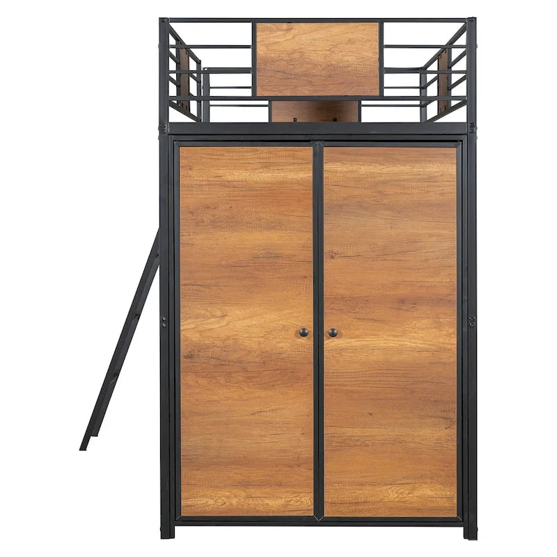 White Oak Metal Wood Loft Bed with L-Shaped Desk Wardrobe Shelves Ladder