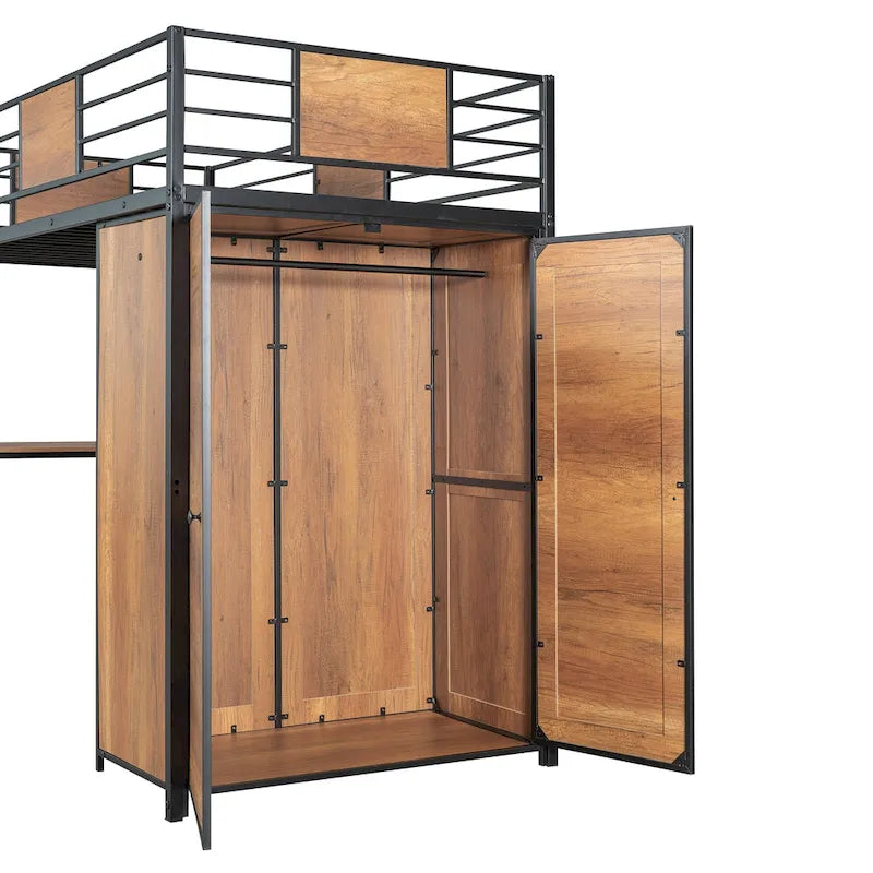 White Oak Metal Wood Loft Bed with L-Shaped Desk Wardrobe Shelves Ladder