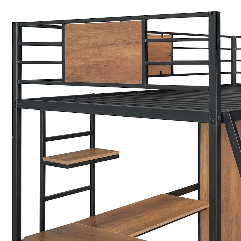 White Oak Metal Wood Loft Bed with L-Shaped Desk Wardrobe Shelves Ladder