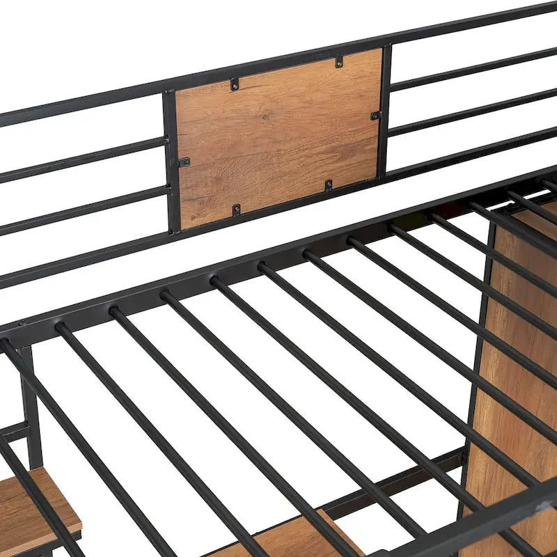 White Oak Metal Wood Loft Bed with L-Shaped Desk Wardrobe Shelves Ladder