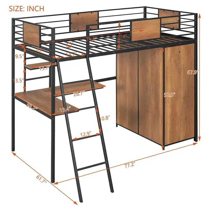 White Oak Metal Wood Loft Bed with L-Shaped Desk Wardrobe Shelves Ladder