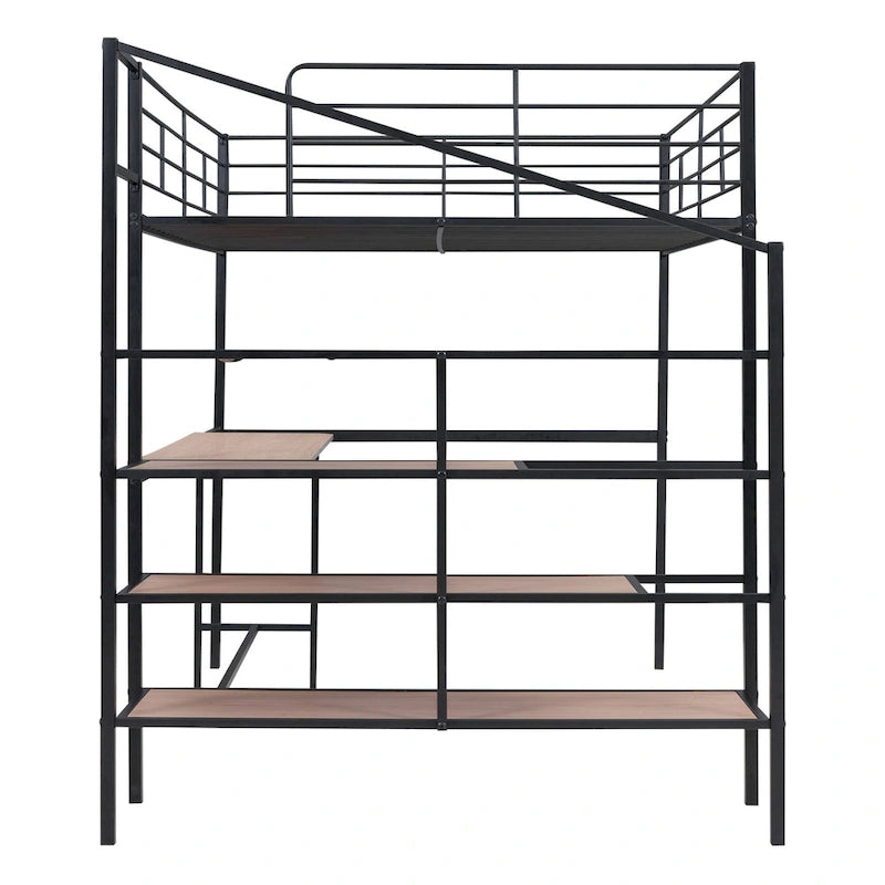 Full Size Metal Loft Bed with Desk and Storage Shelves