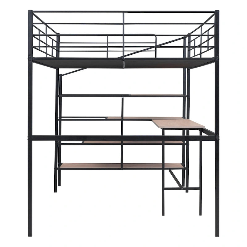 Full Size Metal Loft Bed with Desk and Storage Shelves
