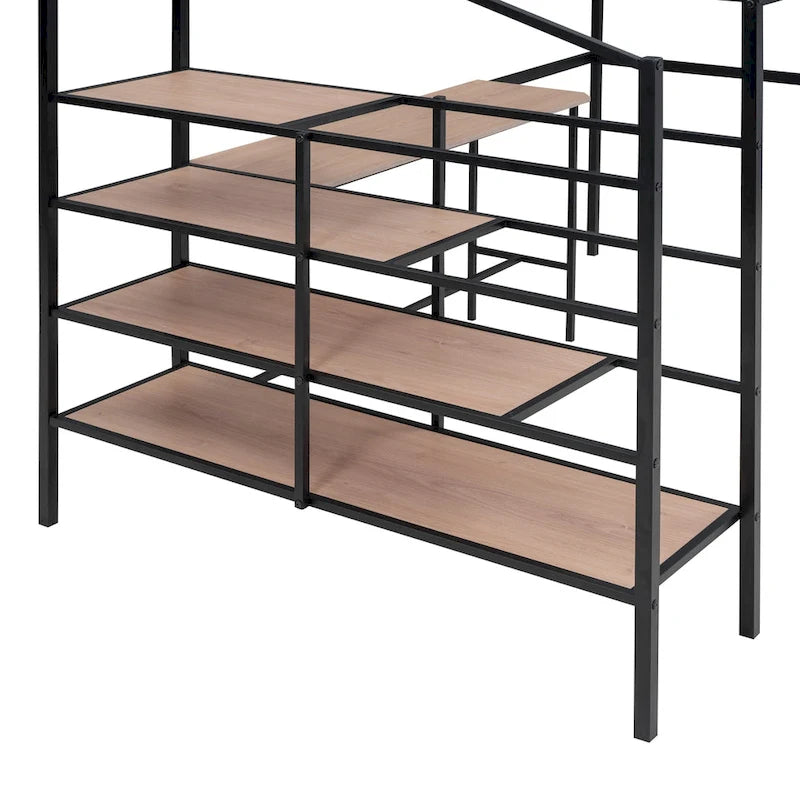 Full Size Metal Loft Bed with Desk and Storage Shelves
