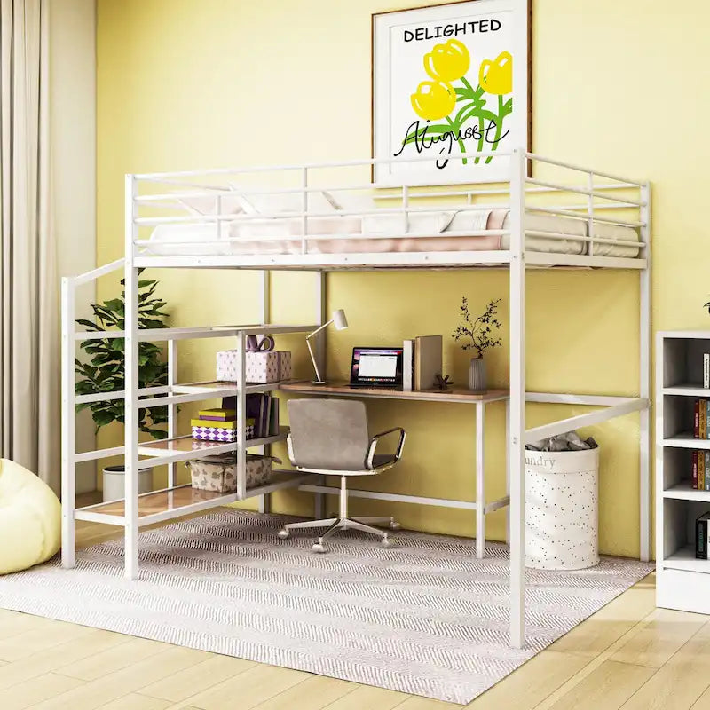 Full Size Metal Loft Bed with Desk and Storage Shelves