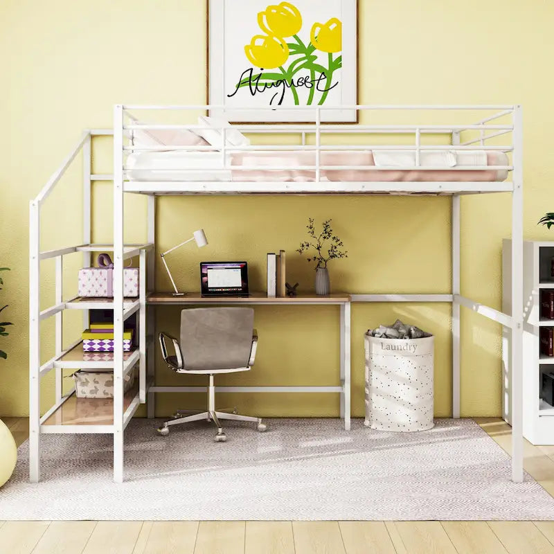 Full Size Metal Loft Bed with Desk and Storage Shelves