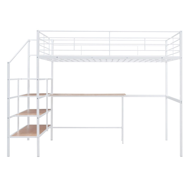 Full Size Metal Loft Bed with Desk and Storage Shelves