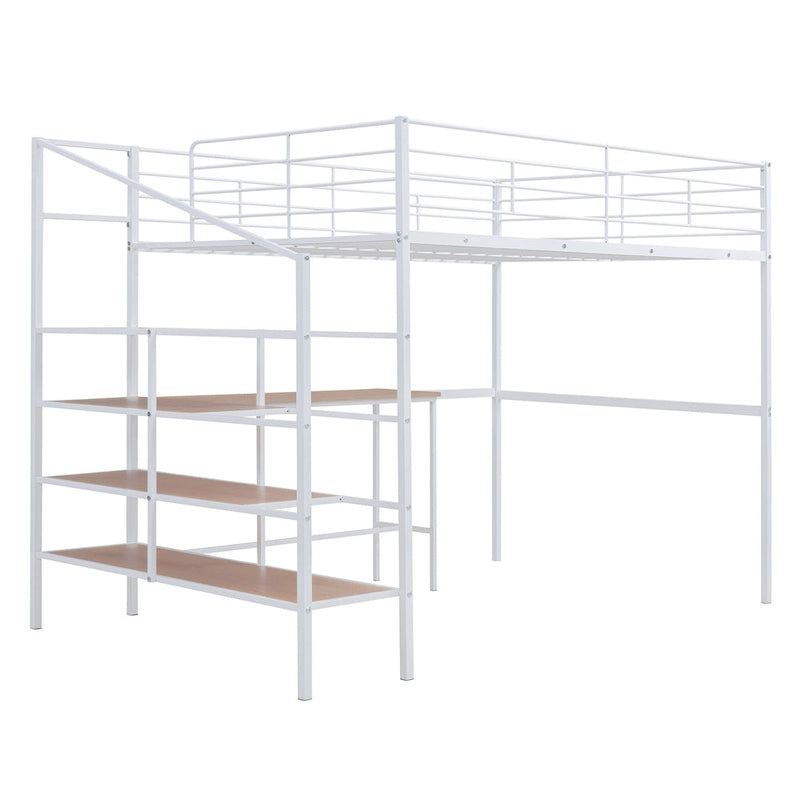 Full Size Metal Loft Bed with Desk and Storage Shelves