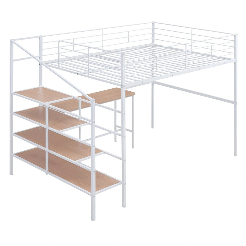 Full Size Metal Loft Bed with Desk and Storage Shelves