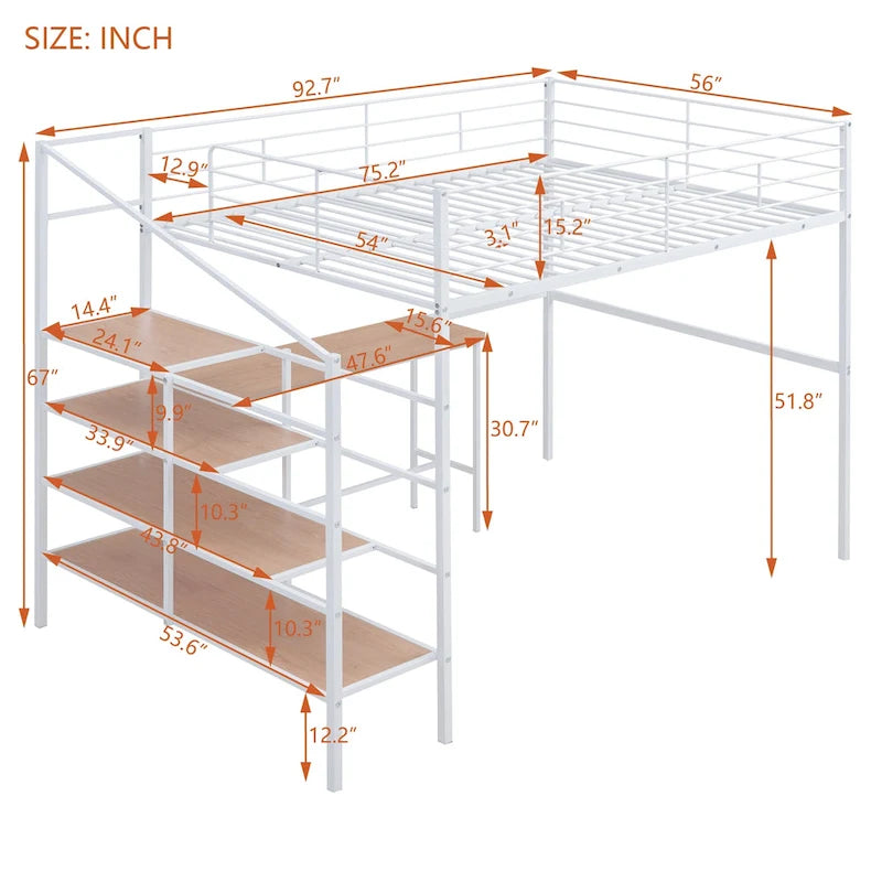 Full Size Metal Loft Bed with Desk and Storage Shelves