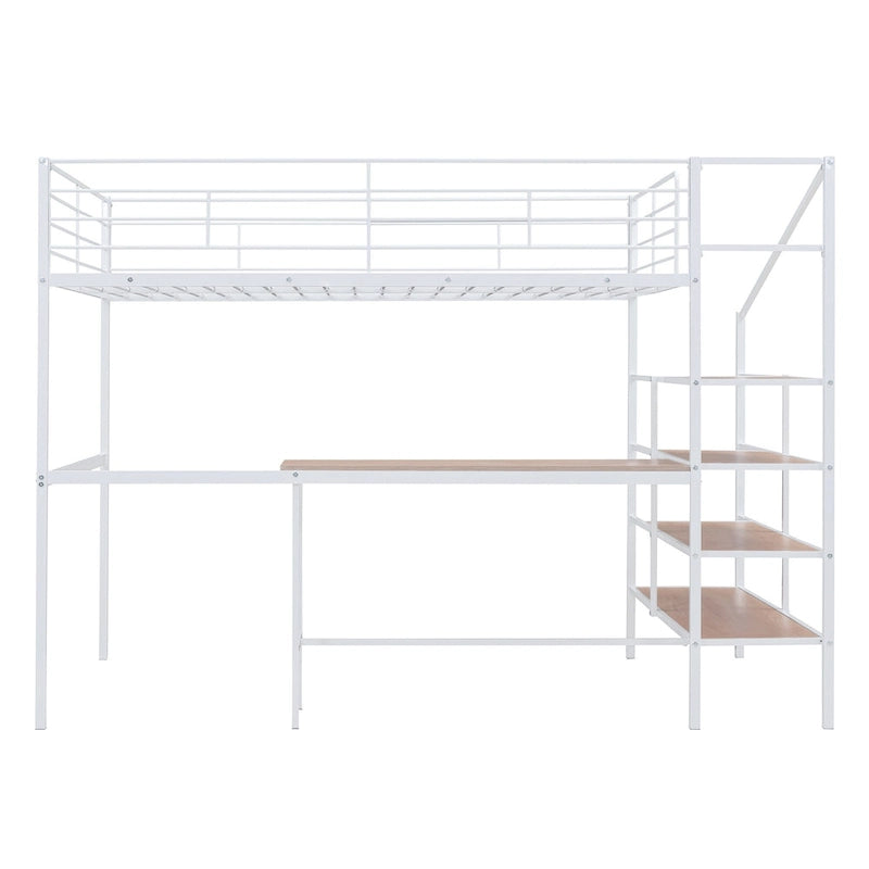 Full Size Metal Loft Bed with Desk and Storage Shelves