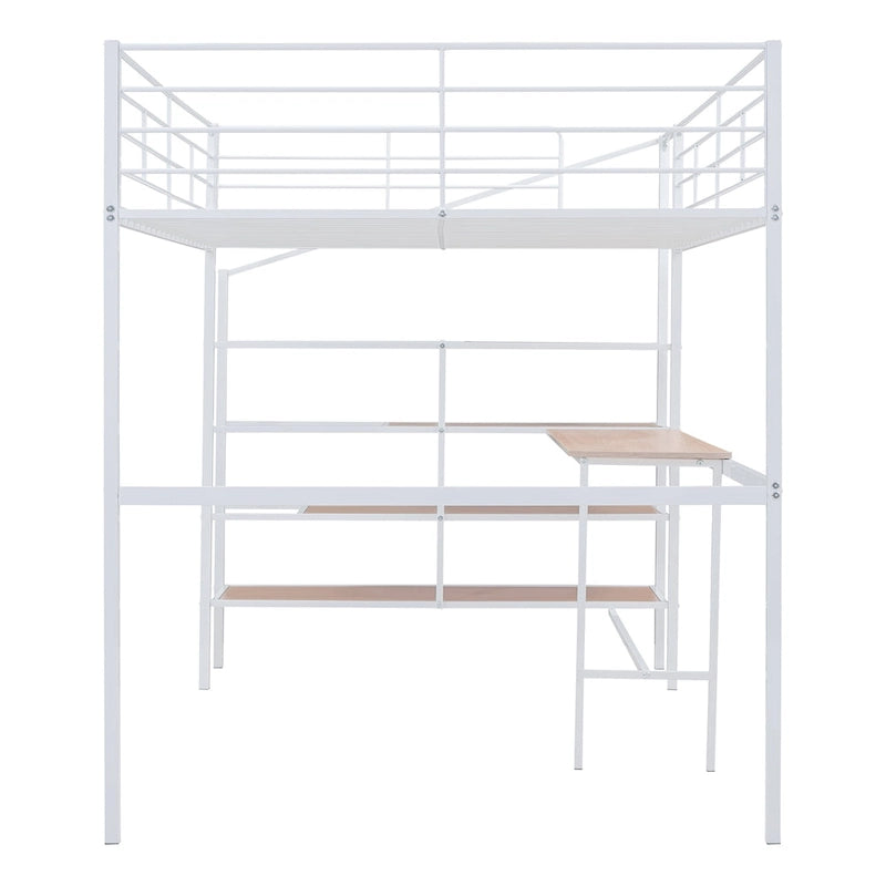 Full Size Metal Loft Bed with Desk and Storage Shelves