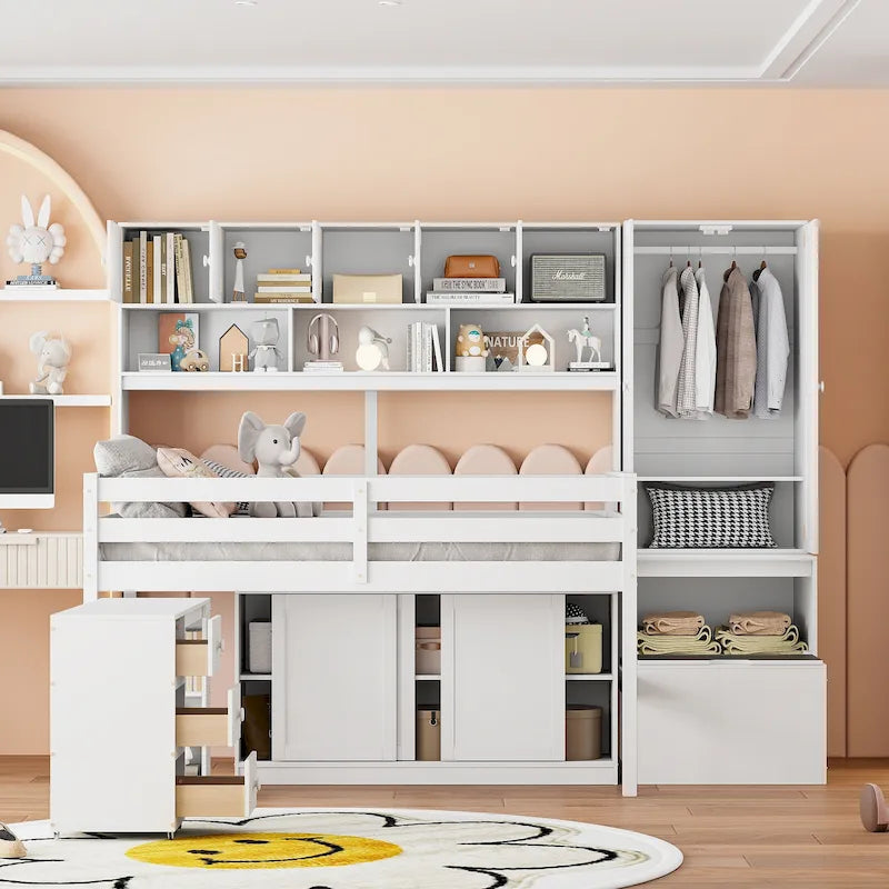 White Wooden Loft Bed with Wardrobe Shelves and Under-Bed Storage
