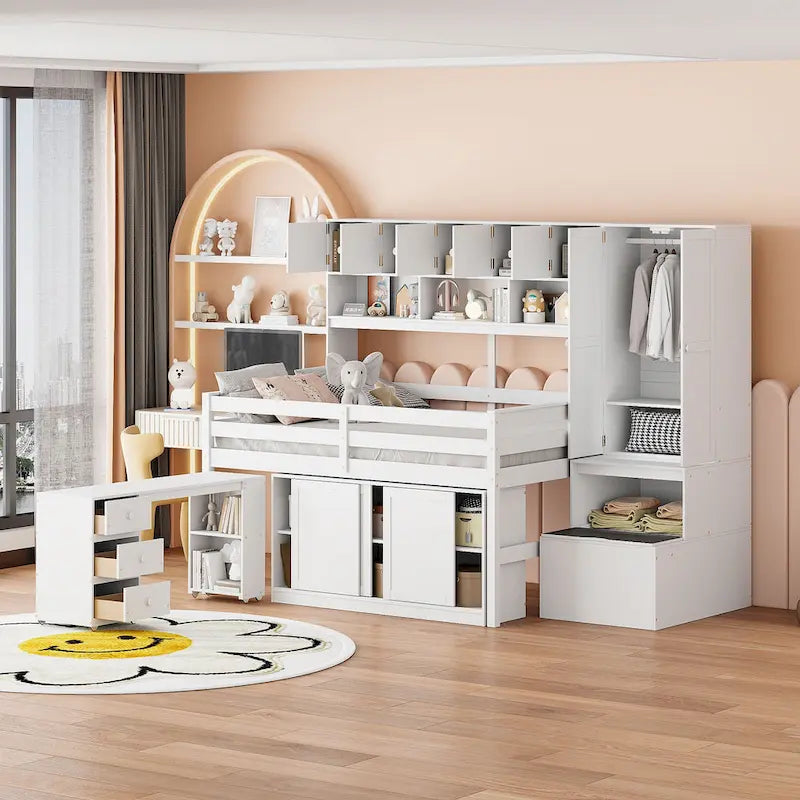 White Wooden Loft Bed with Wardrobe Shelves and Under-Bed Storage