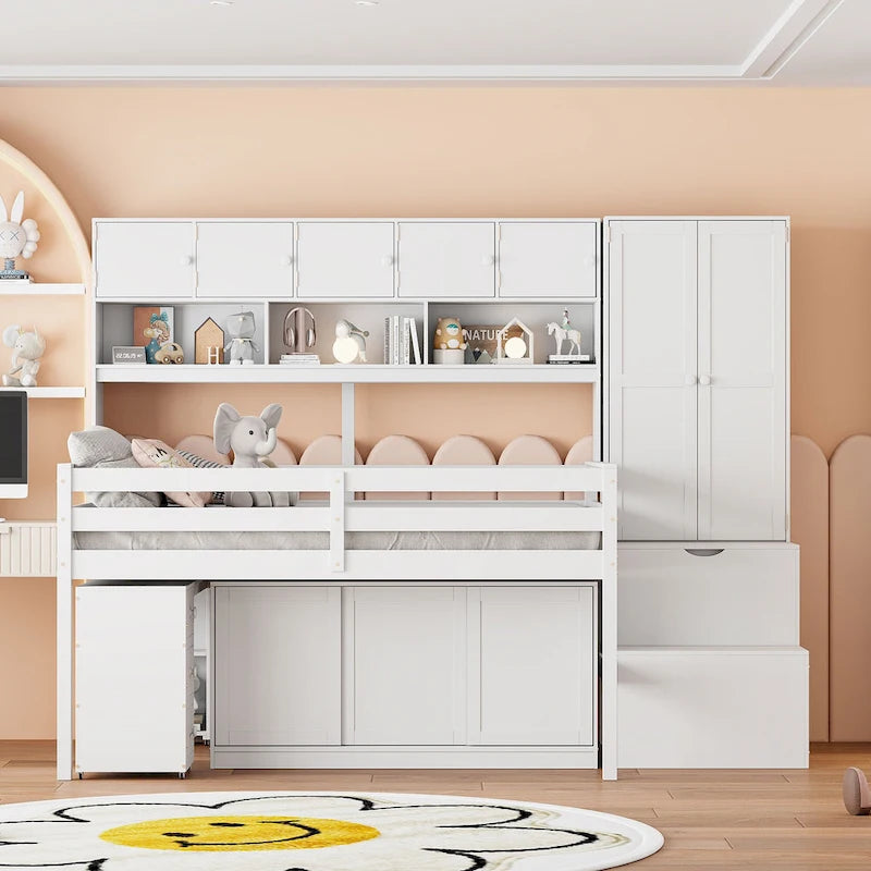 White Wooden Loft Bed with Wardrobe Shelves and Under-Bed Storage