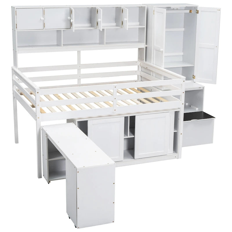 White Wooden Loft Bed with Wardrobe Shelves and Under-Bed Storage