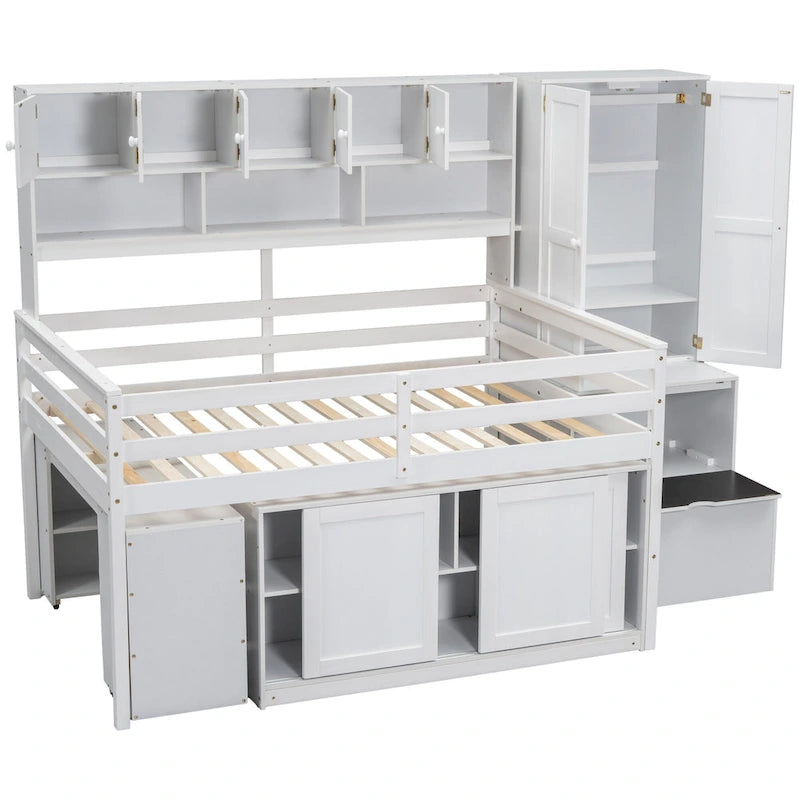 White Wooden Loft Bed with Wardrobe Shelves and Under-Bed Storage