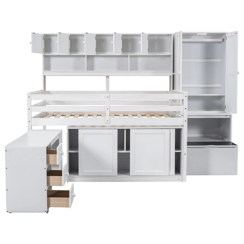 White Wooden Loft Bed with Wardrobe Shelves and Under-Bed Storage