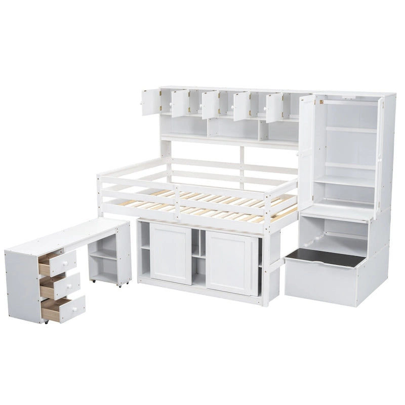 White Wooden Loft Bed with Wardrobe Shelves and Under-Bed Storage