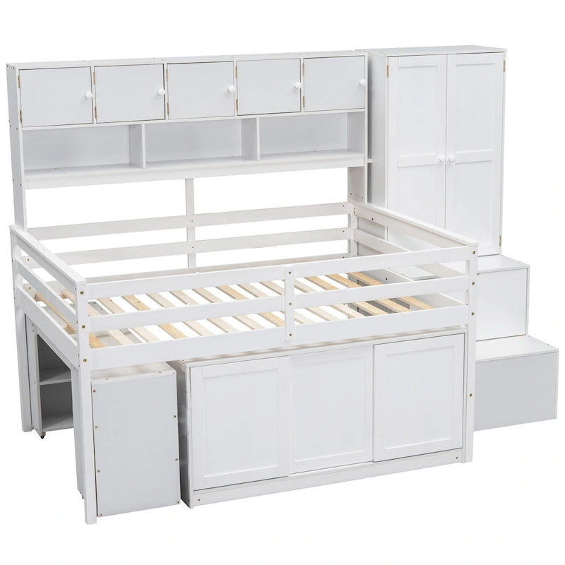 White Wooden Loft Bed with Wardrobe Shelves and Under-Bed Storage
