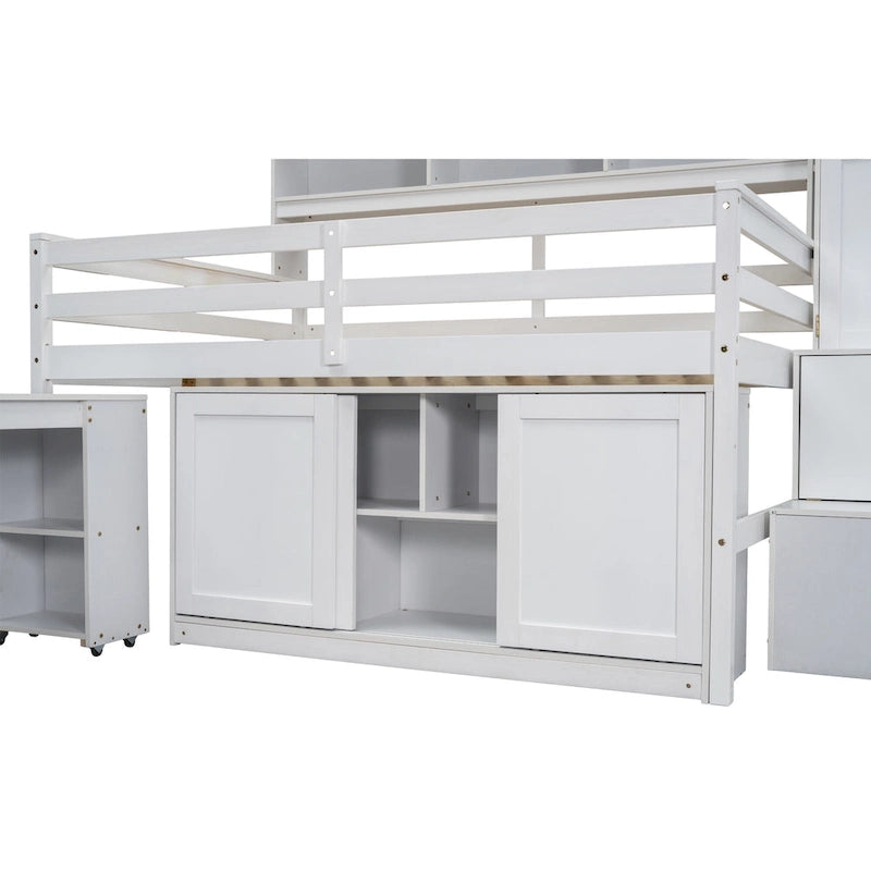 White Wooden Loft Bed with Wardrobe Shelves and Under-Bed Storage