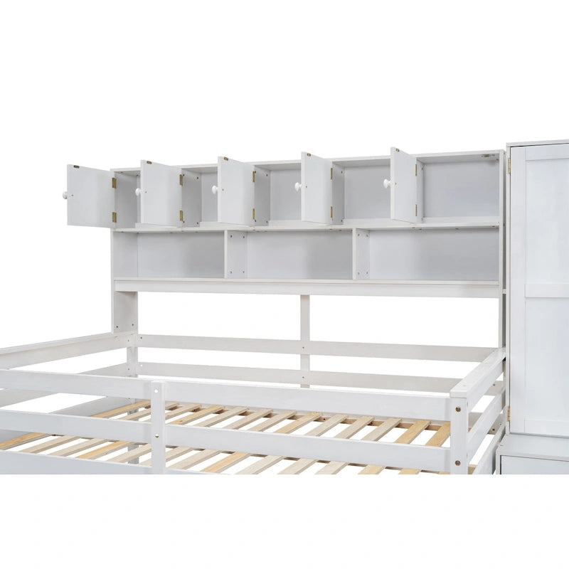 White Wooden Loft Bed with Wardrobe Shelves and Under-Bed Storage