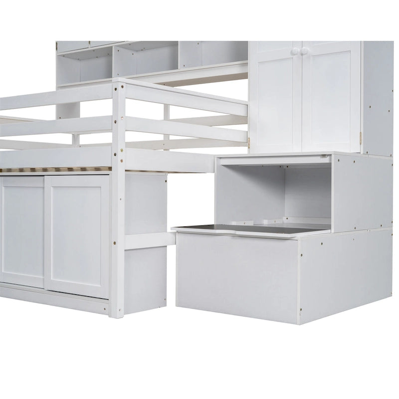 White Wooden Loft Bed with Wardrobe Shelves and Under-Bed Storage