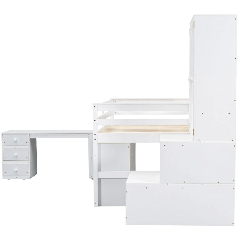 White Wooden Loft Bed with Wardrobe Shelves and Under-Bed Storage