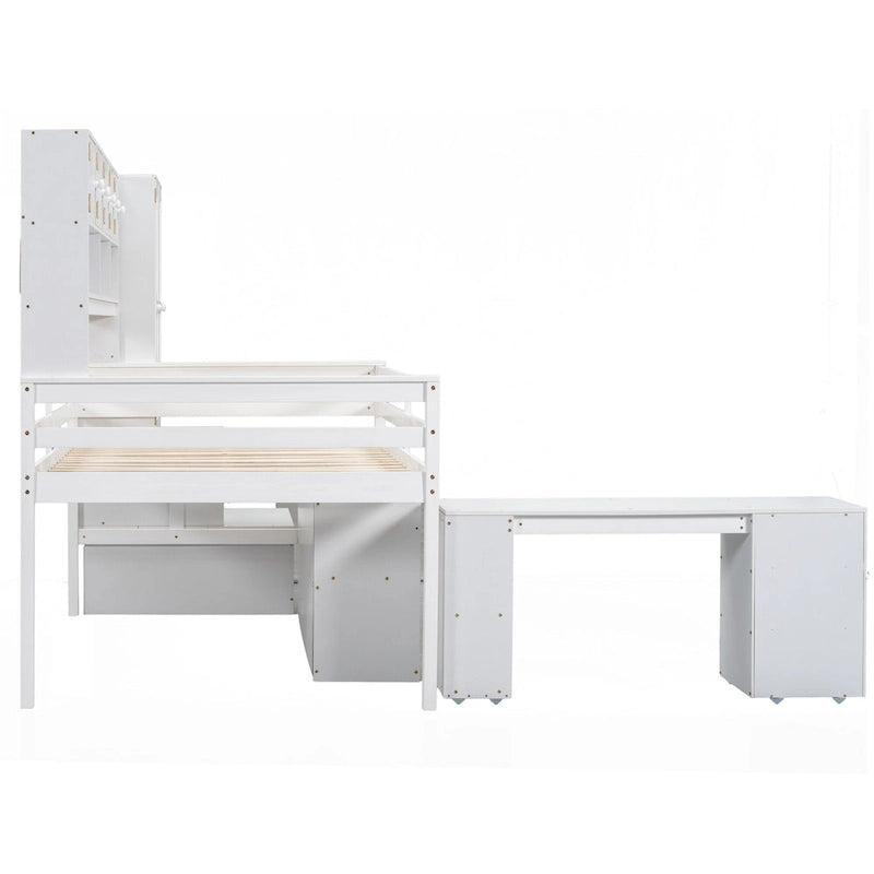 White Wooden Loft Bed with Wardrobe Shelves and Under-Bed Storage