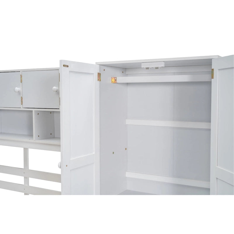 White Wooden Loft Bed with Wardrobe Shelves and Under-Bed Storage