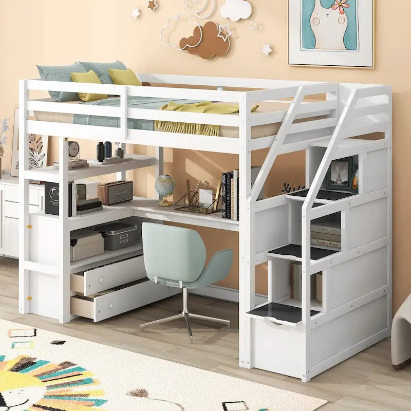 White Solid Pine Wood Loft Bed with Desk Shelves and Storage Drawers