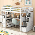 White Solid Pine Wood Loft Bed with Desk Shelves and Storage Drawers