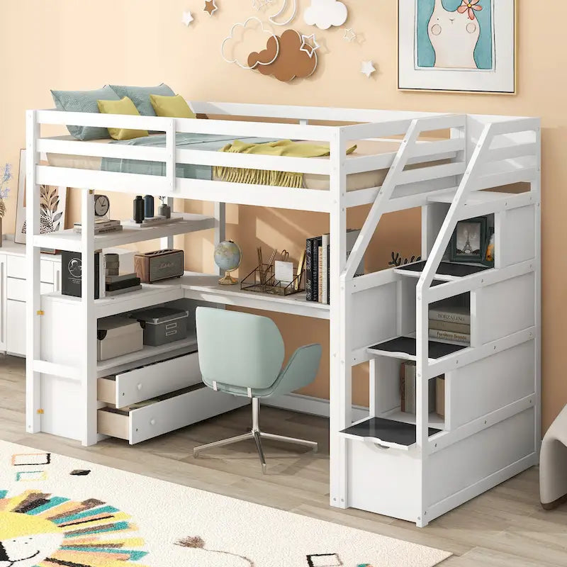 White Solid Pine Wood Loft Bed with Desk Shelves and Storage Drawers