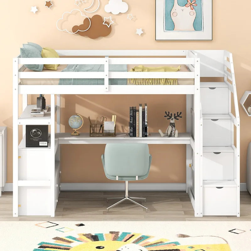White Solid Pine Wood Loft Bed with Desk Shelves and Storage Drawers