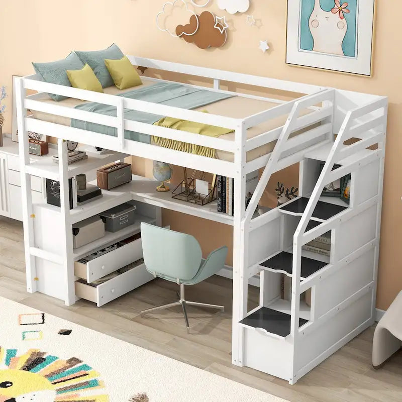 White Solid Pine Wood Loft Bed with Desk Shelves and Storage Drawers