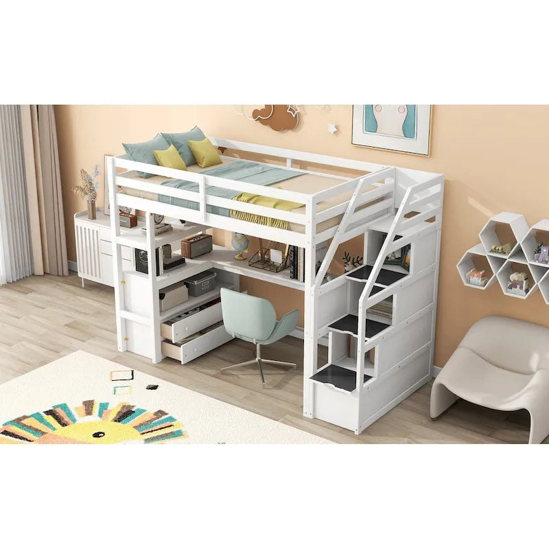 White Solid Pine Wood Loft Bed with Desk Shelves and Storage Drawers
