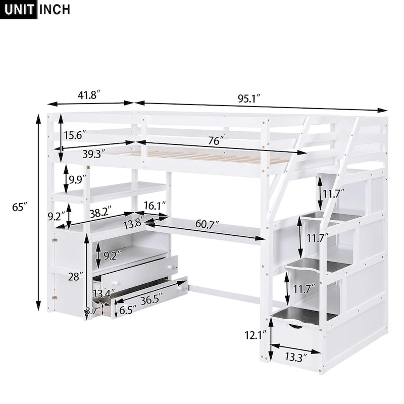 White Solid Pine Wood Loft Bed with Desk Shelves and Storage Drawers